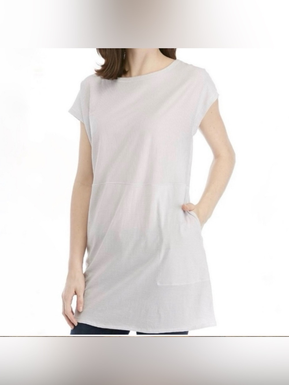 Eileen Fisher Organic Cotton Bateau Neck Striped Tunic in White/Gray Large